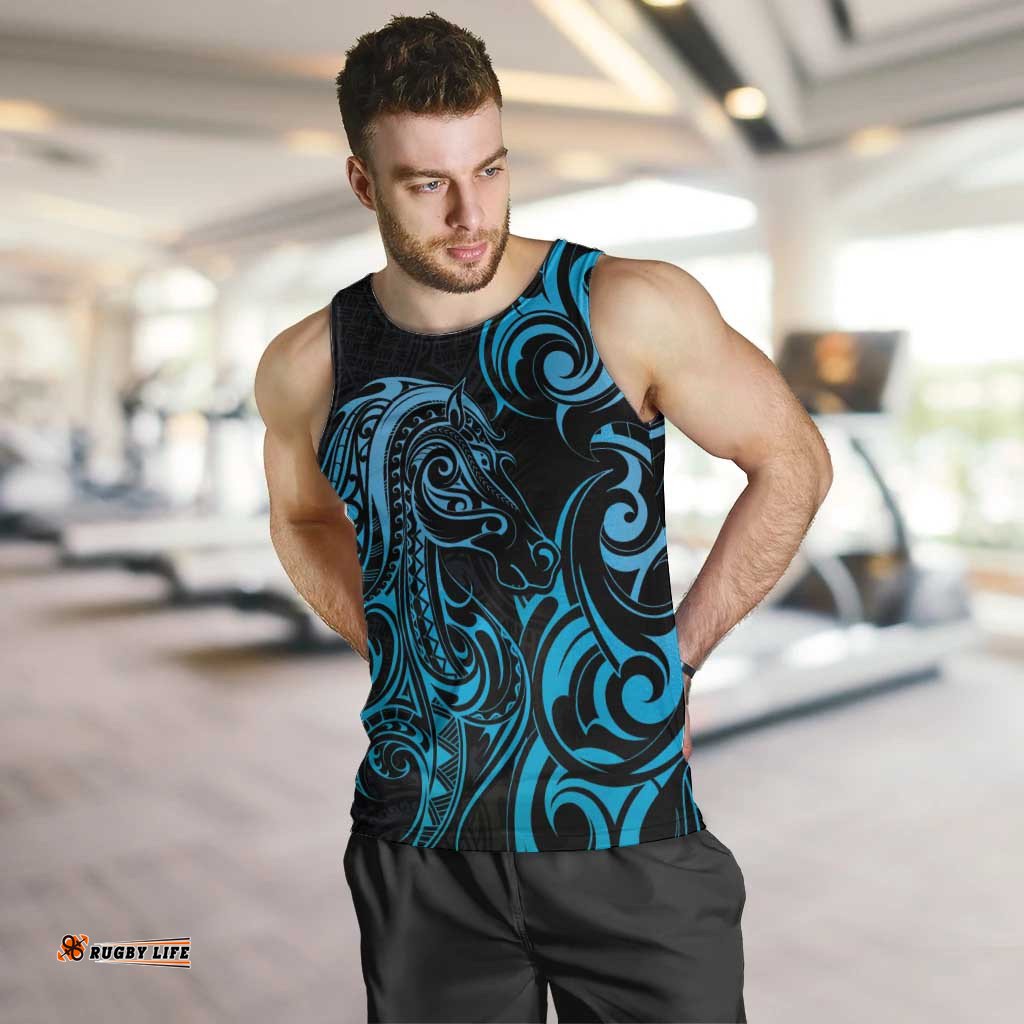 Blue Aoteara Horse Racing Men Tank Top NZ Maori Pattern LT14