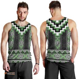 Green Taniko Pattern Aotearoa Men Tank Top Niho Taniwha Mix Poutama LT14