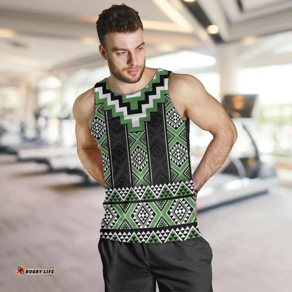 Green Taniko Pattern Aotearoa Men Tank Top Niho Taniwha Mix Poutama LT14