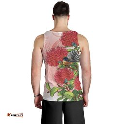 New Zealand Fantail Men Tank Top Maori Koru With Pohutukawa Flowers LT05