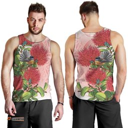 New Zealand Fantail Men Tank Top Maori Koru With Pohutukawa Flowers LT05