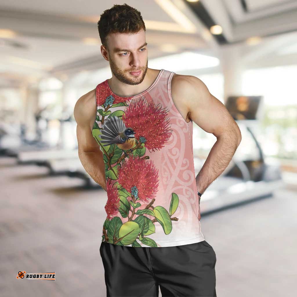 New Zealand Fantail Men Tank Top Maori Koru With Pohutukawa Flowers LT05