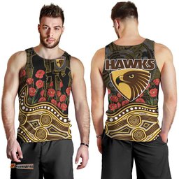 Hawthorn Hawks ANZAC Day Men Tank Top Indigenous Dot Art with Poppy Flower Tribute TS04