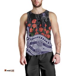 Fremantle Dockers ANZAC Day Men Tank Top Indigenous Dot Art with Poppy Flower Tribute TS04