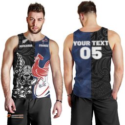 France And New Zealand Rugby Custom Men Tank Top Les Bleus Rooster With Maori Tiki LT05