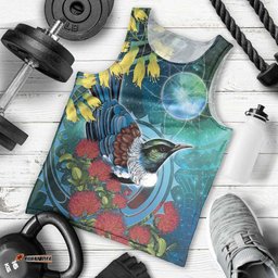 New Zealand Tui Bird Men Tank Top Maori Koru With Pohutukawa Galaxy Style LT05