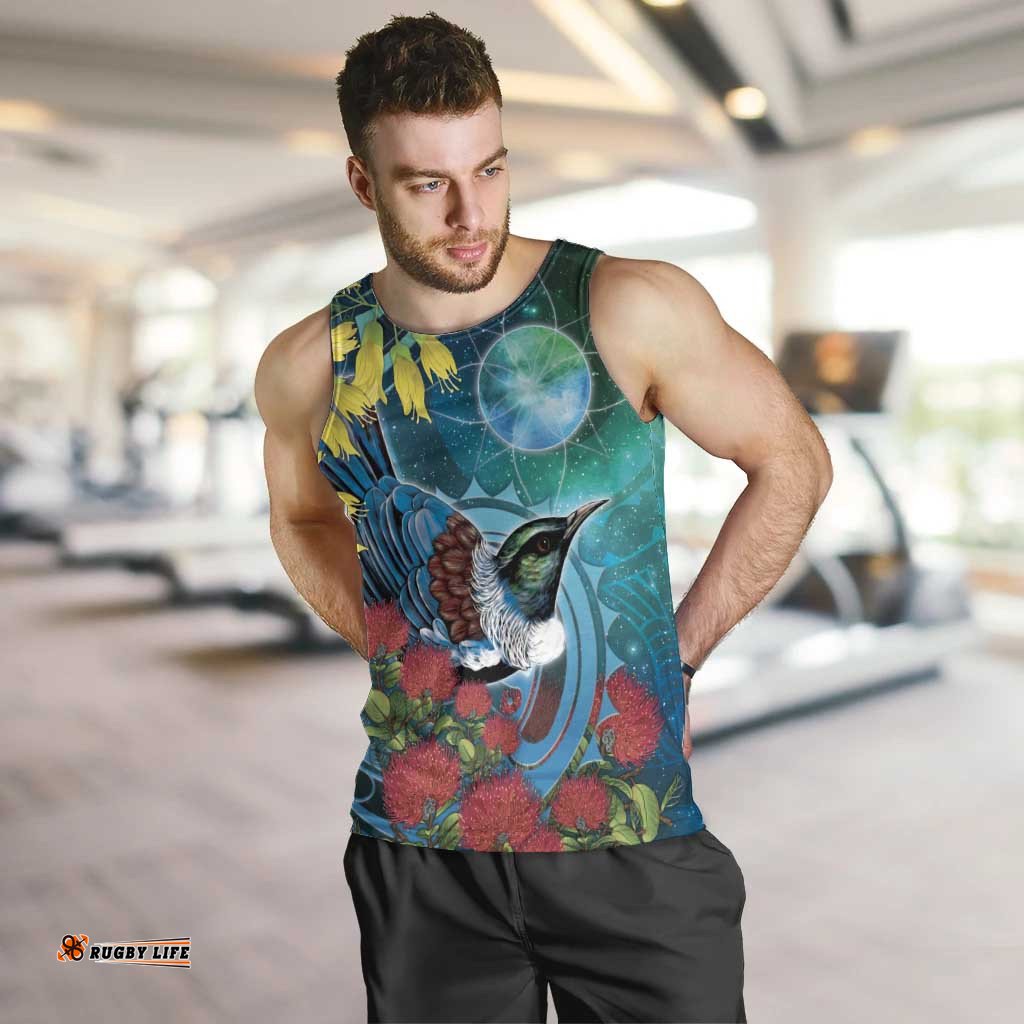 New Zealand Tui Bird Men Tank Top Maori Koru With Pohutukawa Galaxy Style LT05