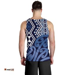 New Zealand Men Tank Top Aotearoa Kowhaiwhai Mix Taniko Art - Blue LT14