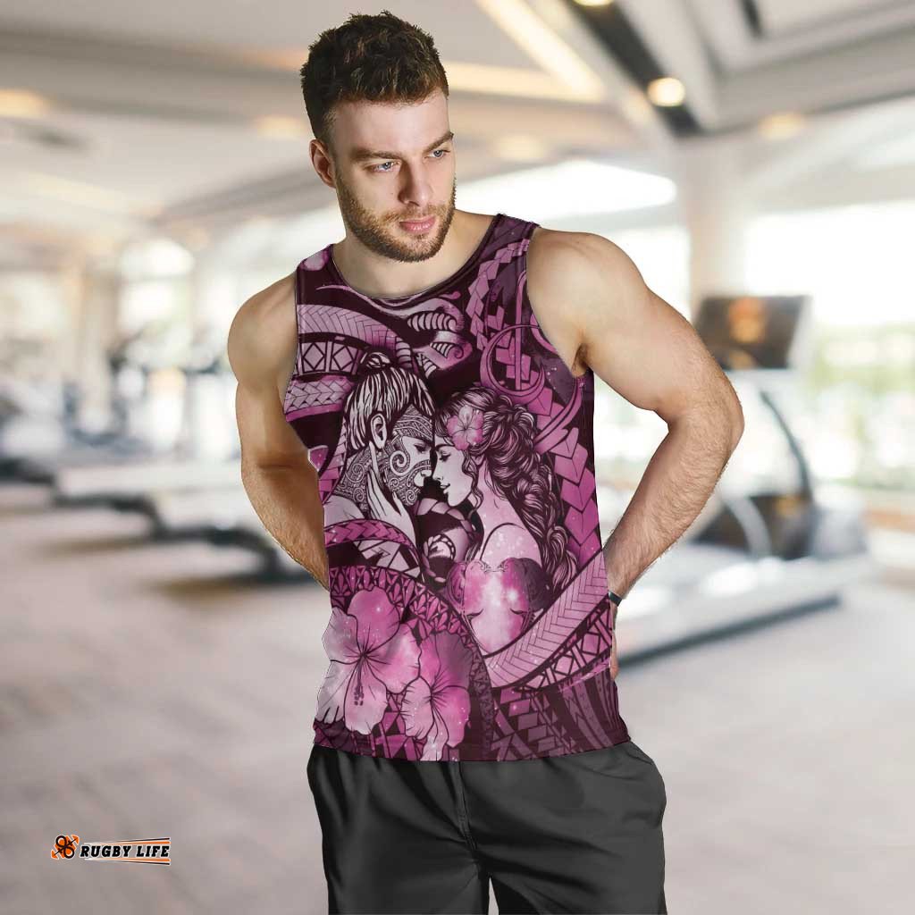 Personalised Maori Romantic Valentine Men Tank Top The Hongi Kiss Pink Galaxy DT05