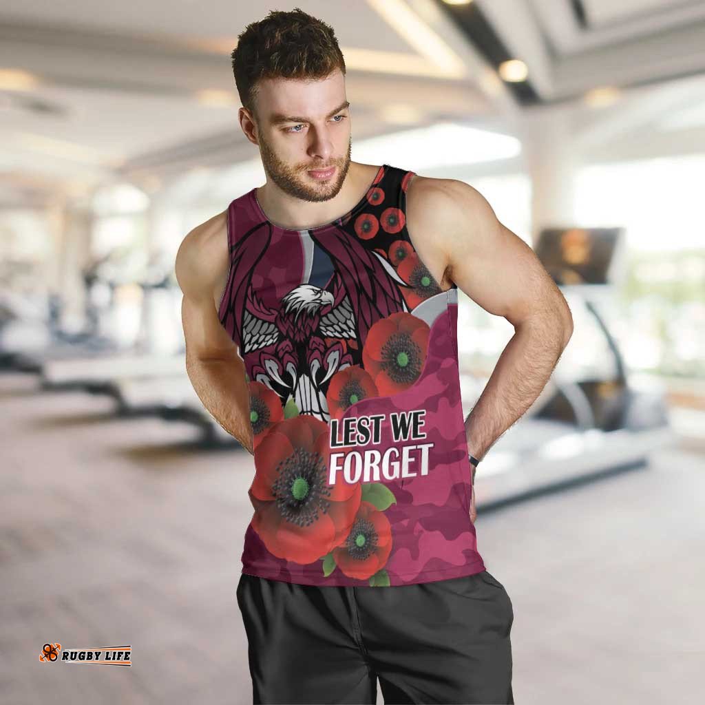 Manly Warringah Sea Eagles ANZAC Personalised Men Tank Top Lest We Forget Poppy Camo LT9