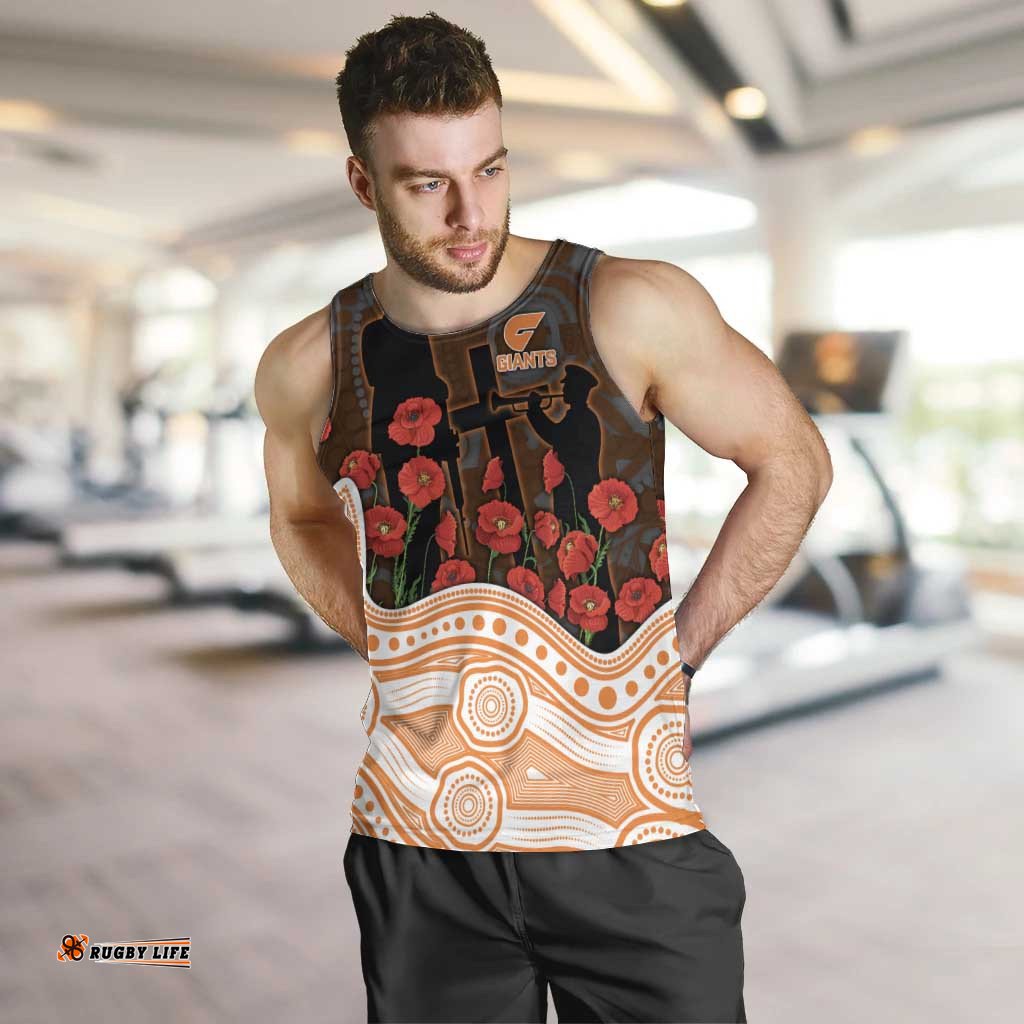 GWS Giants ANZAC Day Men Tank Top Indigenous Dot Art with Poppy Flower Tribute TS04
