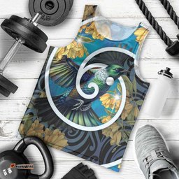 New Zealand Tui Bird Men Tank Top Maori Koru With Kowhai Flowers LT05