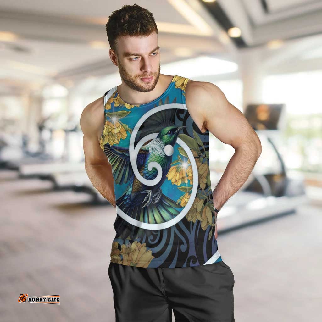 New Zealand Tui Bird Men Tank Top Maori Koru With Kowhai Flowers LT05