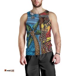 Personalised Australia and Fiji Together Men Tank Top Tribal Palm Tree with Tapa and Aboriginal Animals Half Style LT03