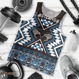 Personalised Taniko Motifs Aotearoa Men Tank Top Waitangi Kowhaiwhai Kiwi - Blue LT7