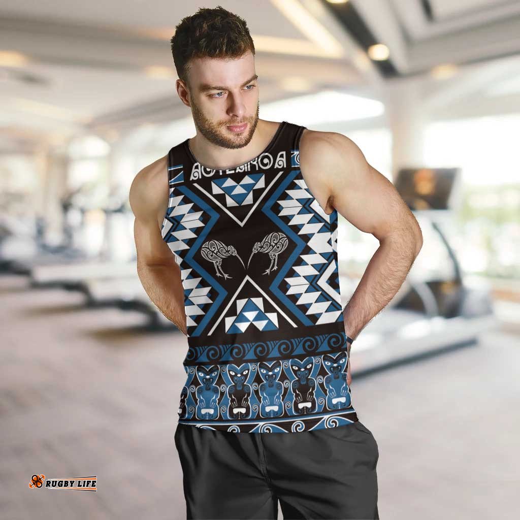 Personalised Taniko Motifs Aotearoa Men Tank Top Waitangi Kowhaiwhai Kiwi - Blue LT7