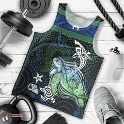 Torres Strait Islands Sea Turtle and Dhari Men Tank Top Oceanic Indigenous Dotwork Tribal Illustration TS04