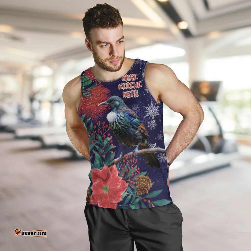 Tui Meri Kirihimete Personalised Men Tank Top Pohutukawa Flowers Blue Motif LT9