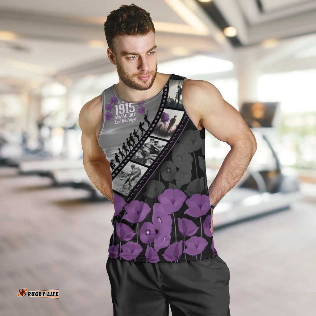 Personalised Remembering ANZAC Lest We Forget Men Tank Top Vintage Film Frame Memorial Purple Poppy LT9