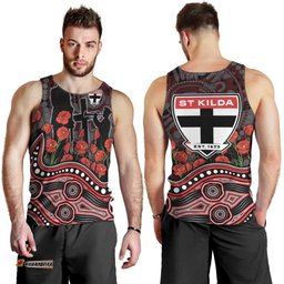 St Kilda Saints ANZAC Day Men Tank Top Indigenous Dot Art with Poppy Flower Tribute TS04