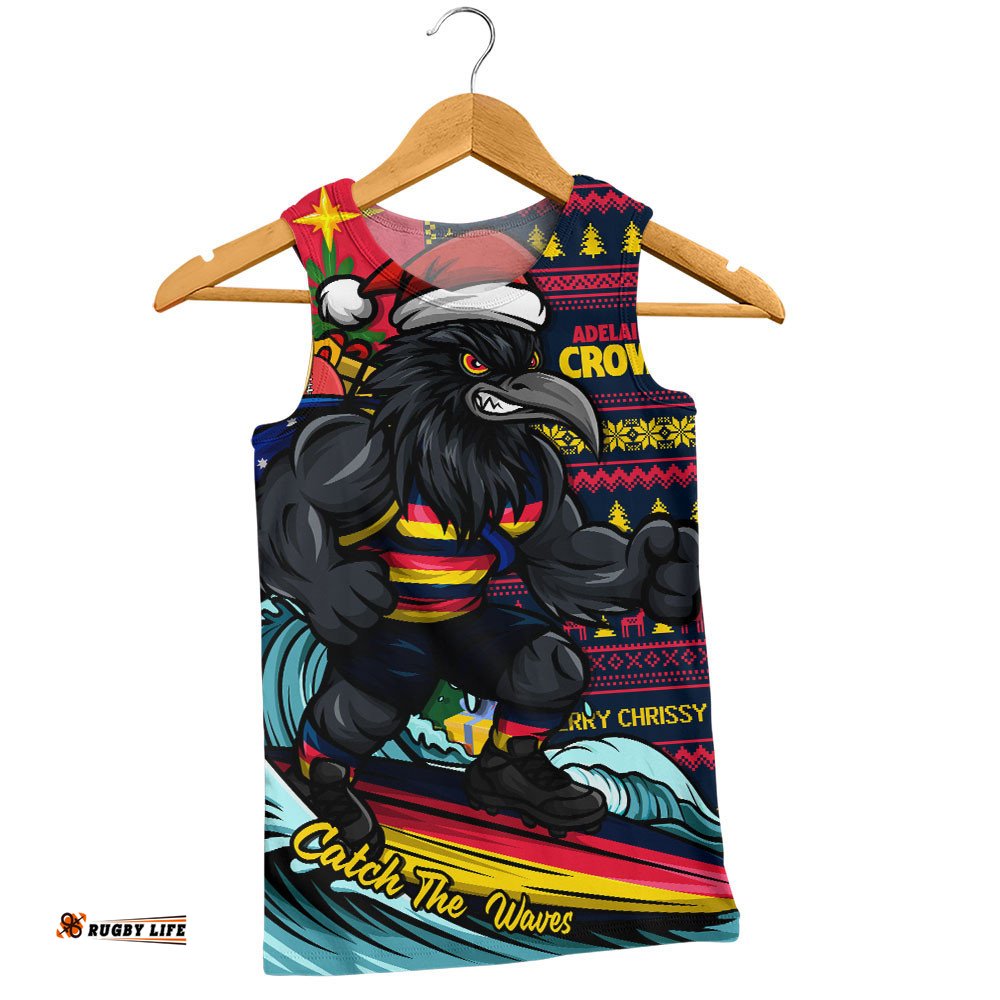 Adelaide Crows Men Singlet Christmas Holiday Santa Rides The Waves