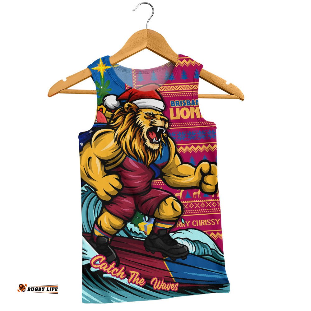Brisbane Lions Men Singlet Christmas Holiday Santa Rides The Waves