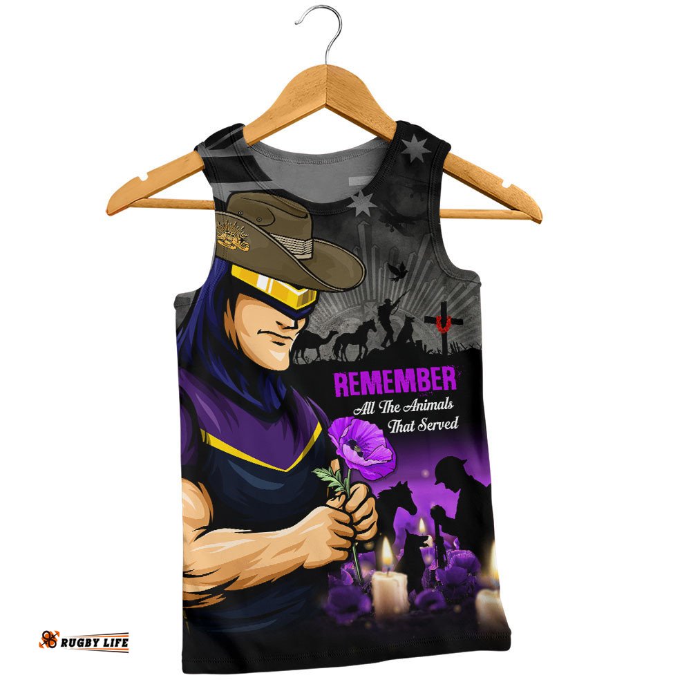 Melbourne Storm Men Singlet Anzac Day Purple Poppy And Animals That Served