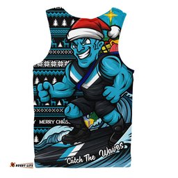 Port Adelaide Men Singlet Christmas Holiday Santa Rides The Waves