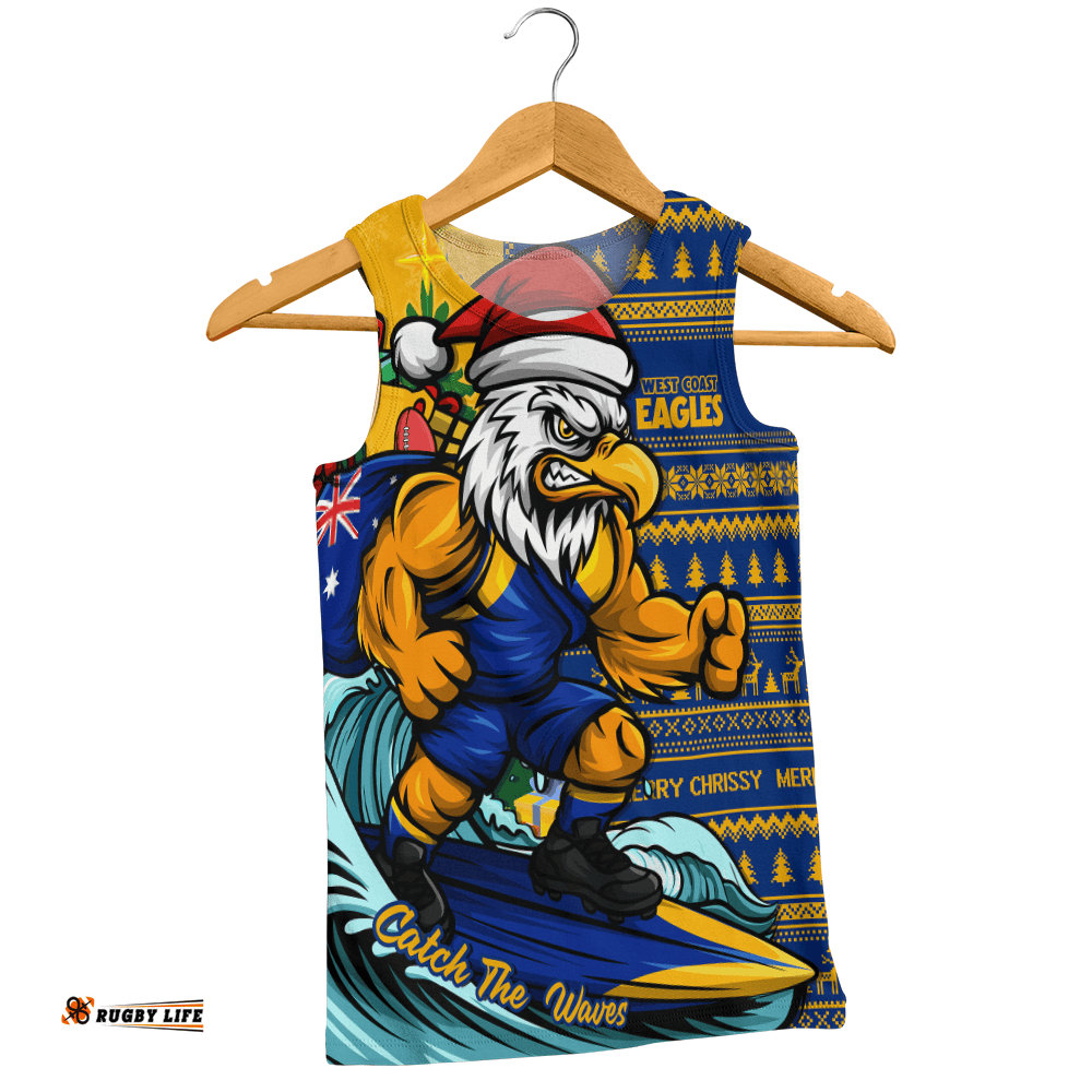 West Coast Eagles Men Singlet Christmas Holiday Santa Rides The Waves