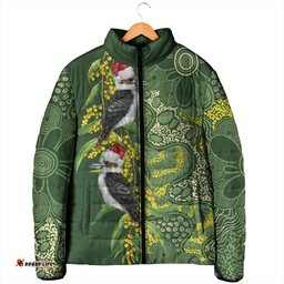Aussie Kokaburra Golden Wattle Christmas Padded Jacket Aboriginal Dots Painting Green Motif LT9