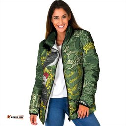 Aussie Kokaburra Golden Wattle Christmas Padded Jacket Aboriginal Dots Painting Green Motif LT9