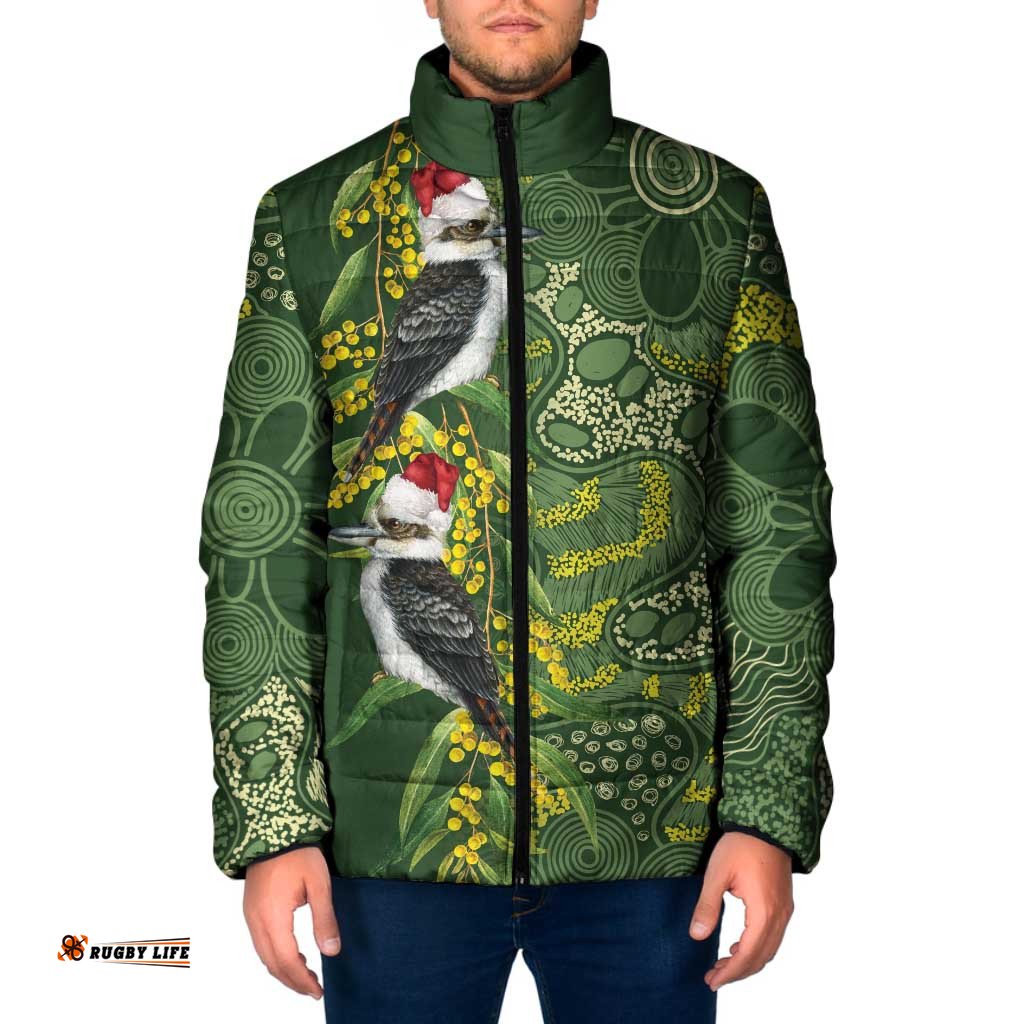 Aussie Kokaburra Golden Wattle Christmas Padded Jacket Aboriginal Dots Painting Green Motif LT9