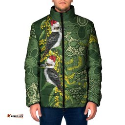 Aussie Kokaburra Golden Wattle Christmas Padded Jacket Aboriginal Dots Painting Green Motif LT9
