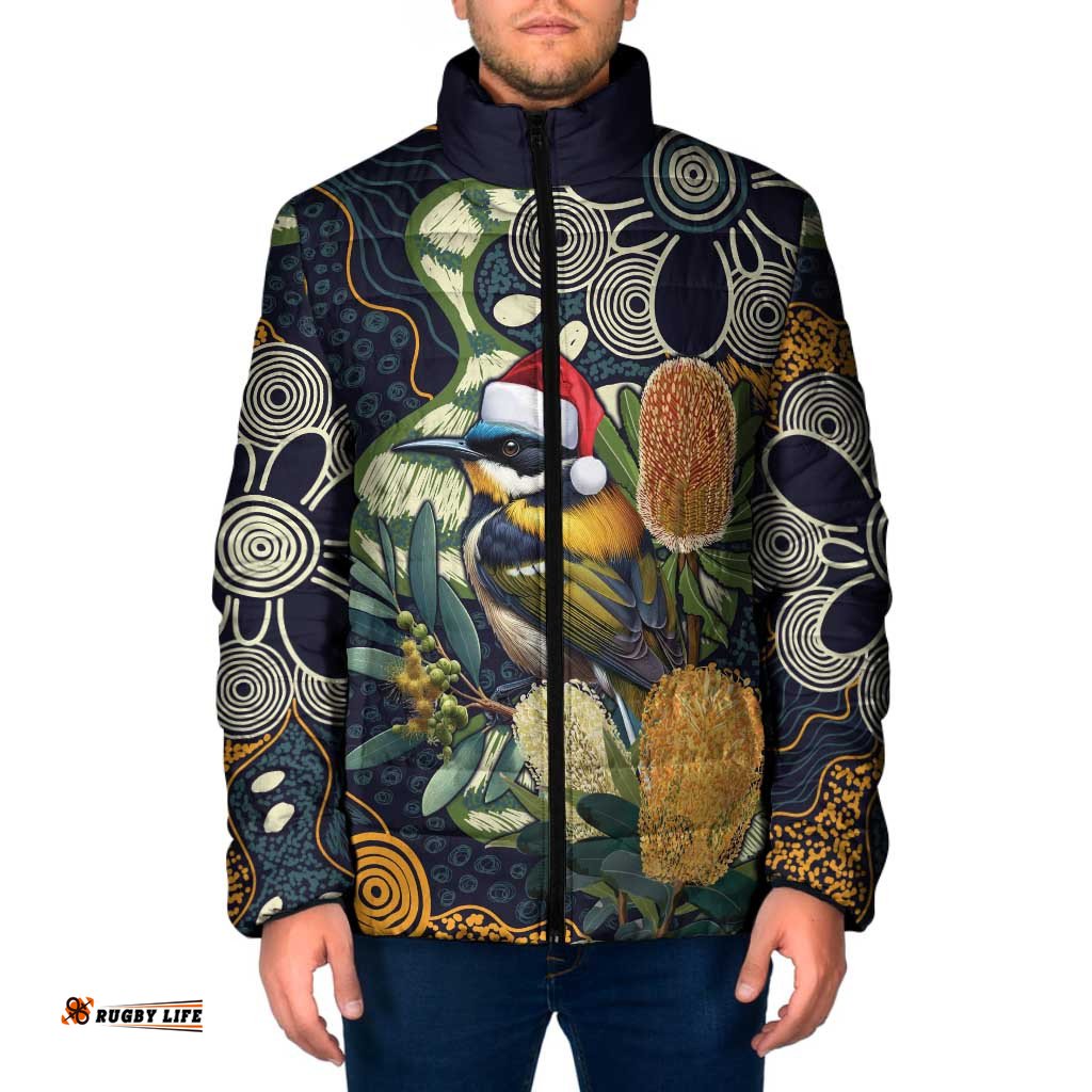 Aussie Honeyeaters Banksia Christmas Padded Jacket Aboriginal Dots Painting Blue Motif LT9