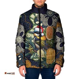 Aussie Honeyeaters Banksia Christmas Padded Jacket Aboriginal Dots Painting Blue Motif LT9