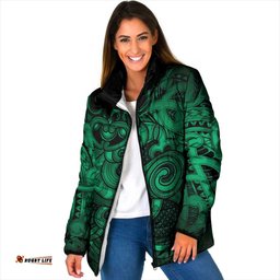 Aotearoa Maori Hei Tiki Padded Jacket Kakariki Kowhaiwhai Puhoro Motif LT9