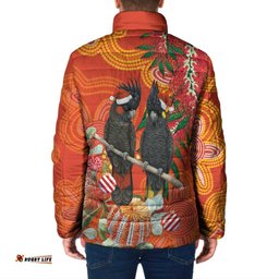 Australia Black Cockatoo Christmas Padded Jacket Banksia Bottlebrush Aboriginal Art LT14