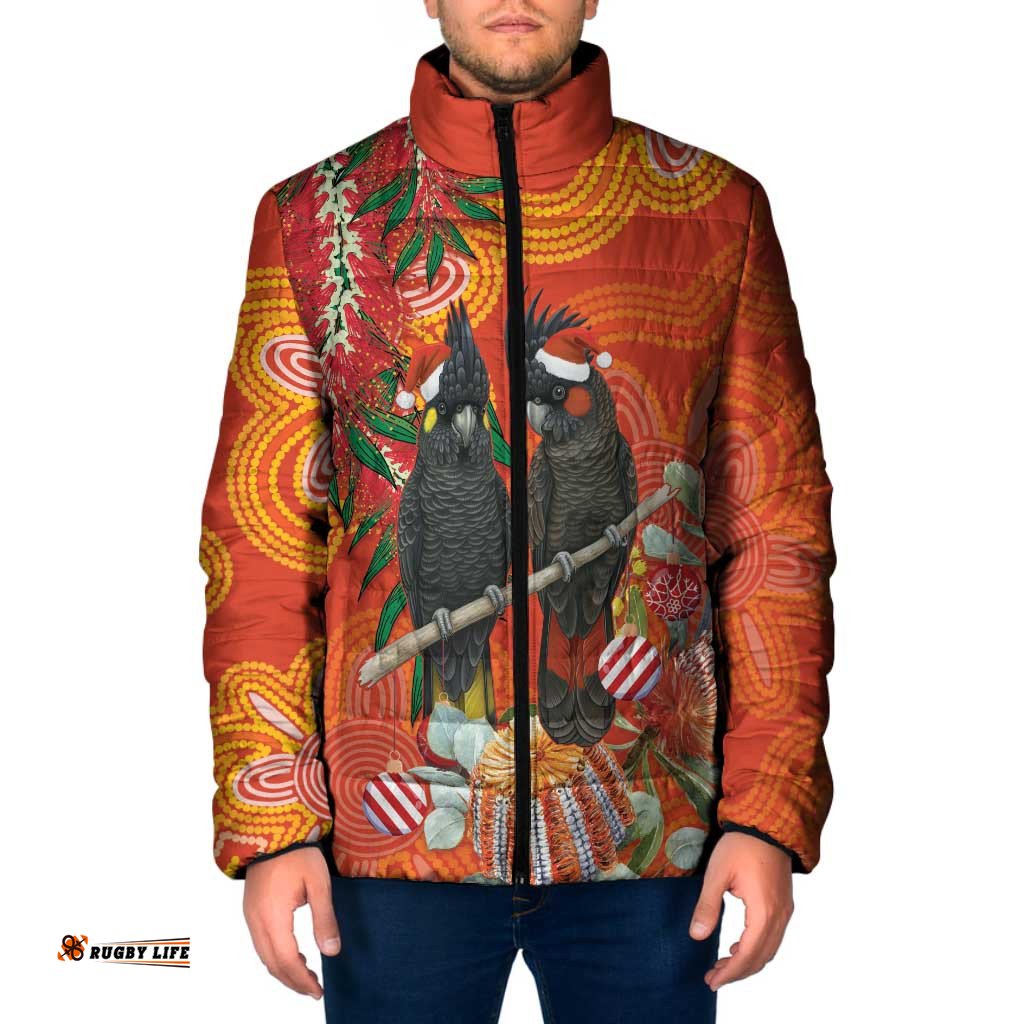 Australia Black Cockatoo Christmas Padded Jacket Banksia Bottlebrush Aboriginal Art LT14