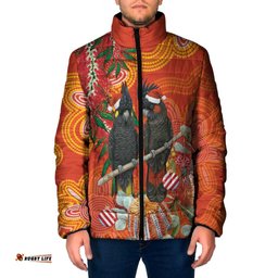 Australia Black Cockatoo Christmas Padded Jacket Banksia Bottlebrush Aboriginal Art LT14