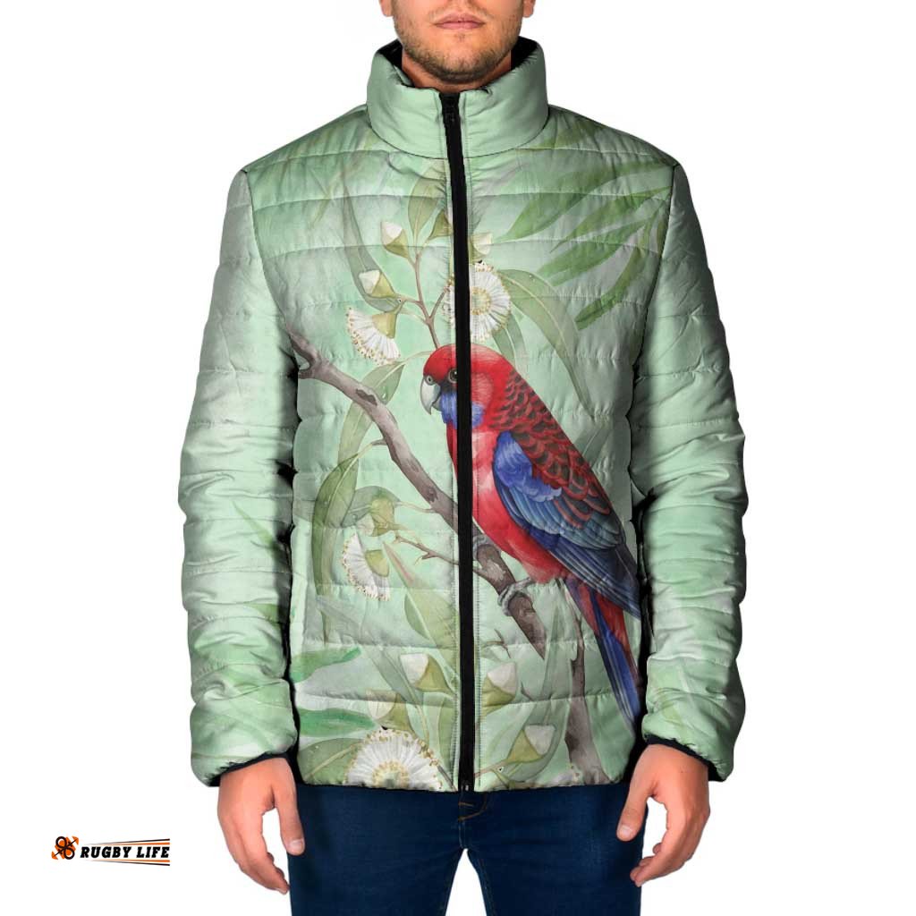 Australia Crimson Rosella Padded Jacket Platycercus Elegans Eucalyptus Alba Watercolor LT14
