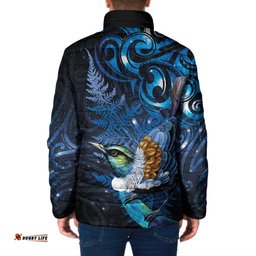 Aotearoa Matariki Padded Jacket Maori Tribal with Silver Fern and Tui Bird Galaxy Style LT03