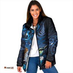 Aotearoa Matariki Padded Jacket Maori Tribal with Silver Fern and Tui Bird Galaxy Style LT03