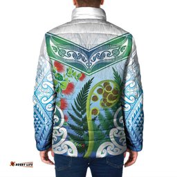Aotearoa New Zealand Natural Plants Padded Jacket Pohutukawa with Silver Ferns Koru Frond Maori Tattoos LT03