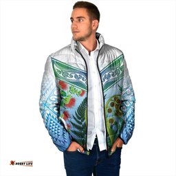 Aotearoa New Zealand Natural Plants Padded Jacket Pohutukawa with Silver Ferns Koru Frond Maori Tattoos LT03