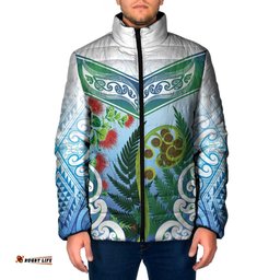 Aotearoa New Zealand Natural Plants Padded Jacket Pohutukawa with Silver Ferns Koru Frond Maori Tattoos LT03