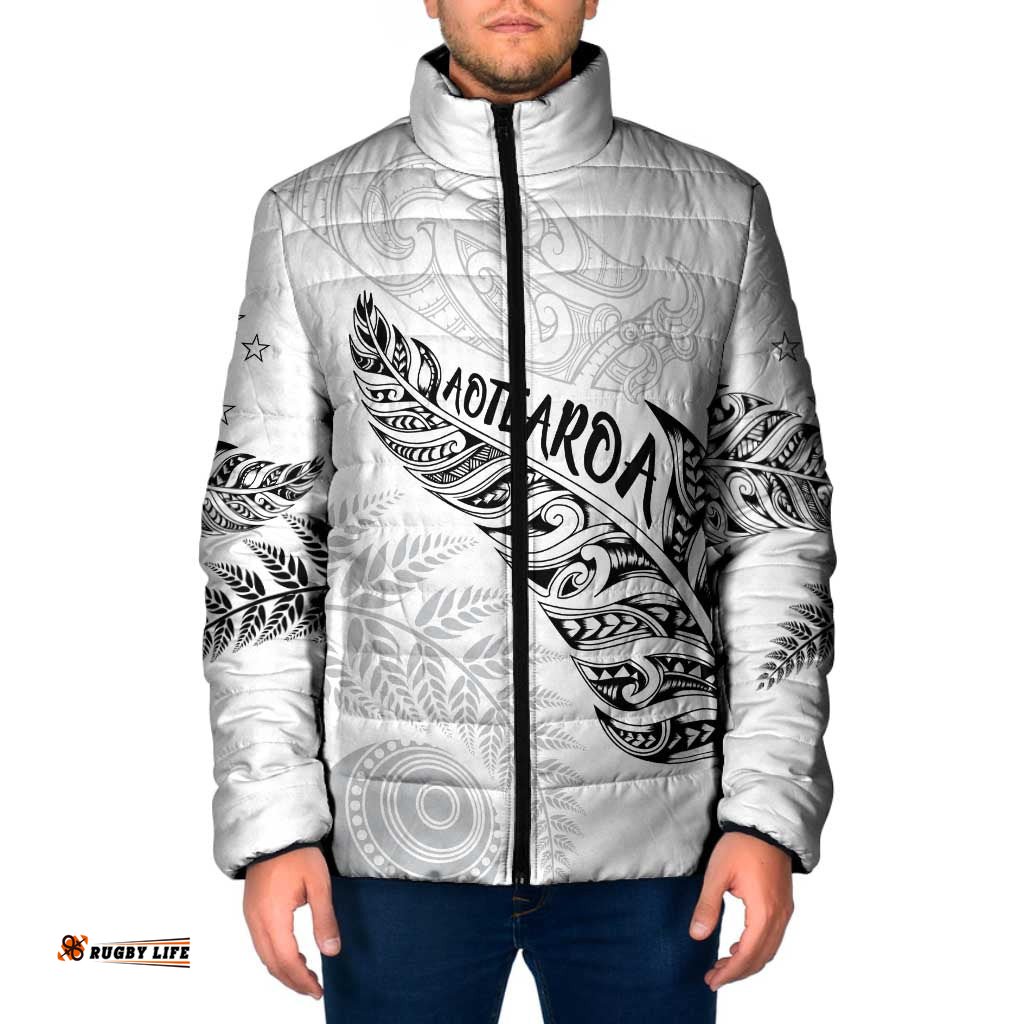 Aotearoa Personalized Lawn Bowls Maori Padded Jacket New Zealand White Tribal Silver Fern LT7