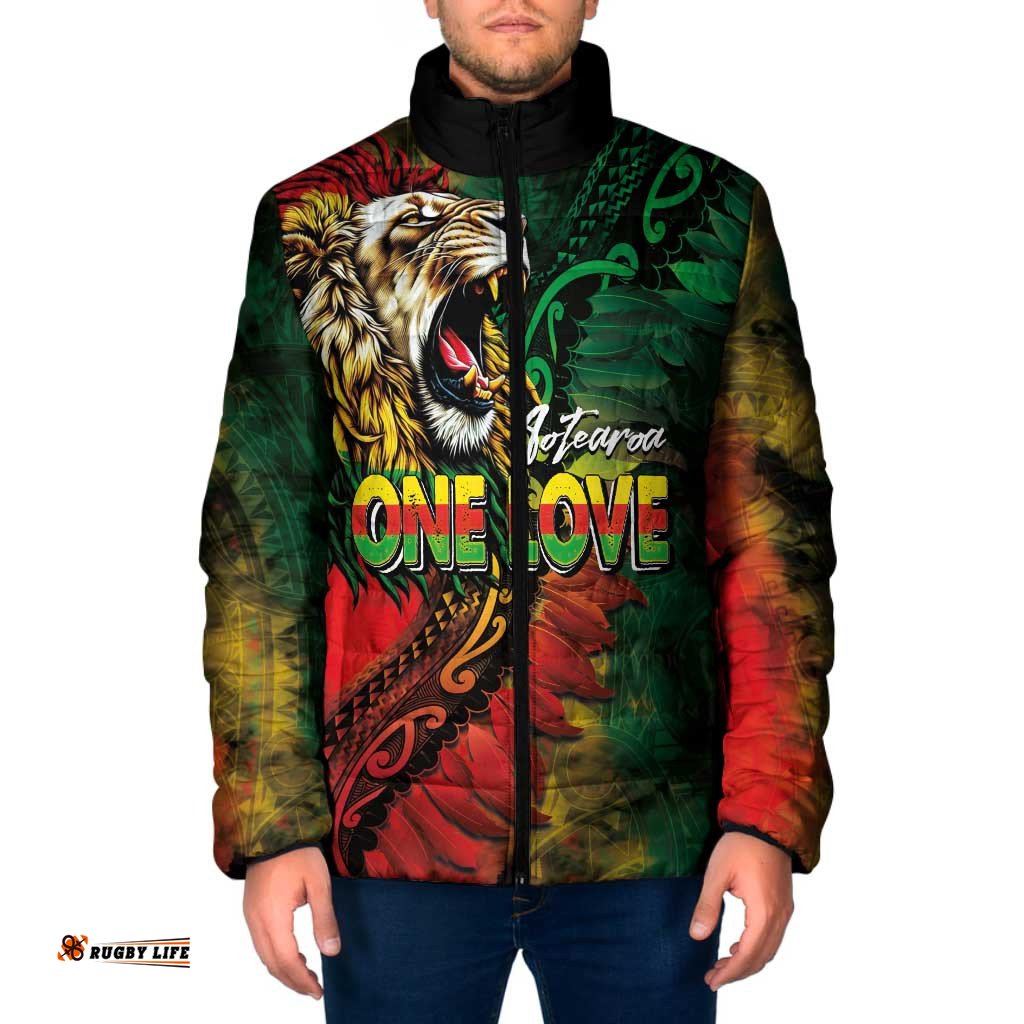 Aotearoa One Love Padded Jacket Reggae Lion with Kakahu Huruhuru LT03
