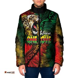 Aotearoa One Love Padded Jacket Reggae Lion with Kakahu Huruhuru LT03