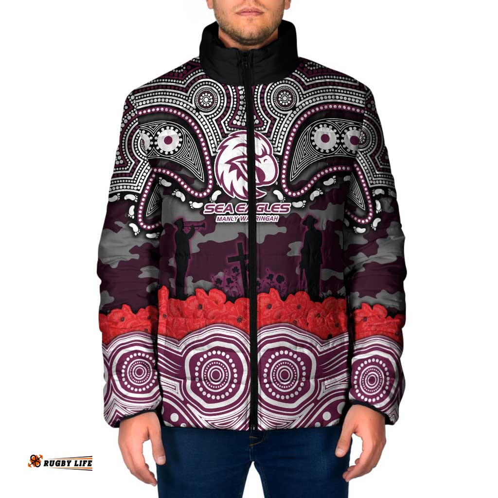 ANZAC Day Manly Warringah Sea Eagles Padded Jacket Military Memorial Aboriginal Indigenous Art TS04