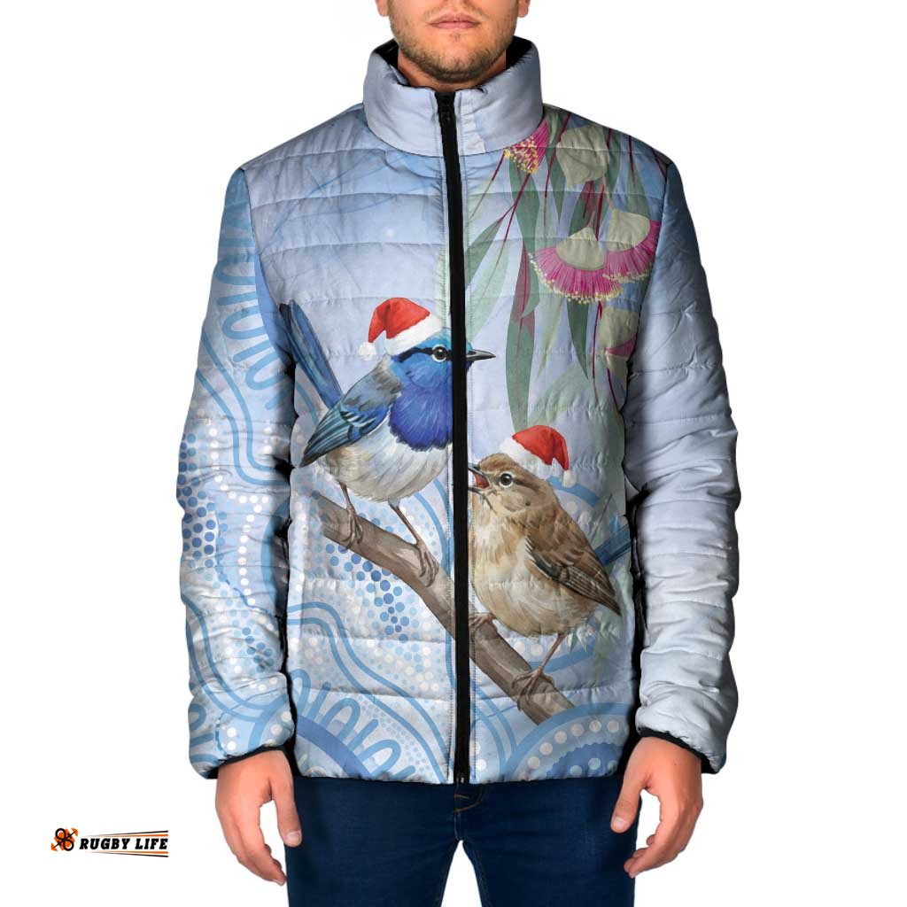 Australia Superb Fairywren Christmas Padded Jacket Aboriginal Eucalyptus Blossoms Watercolor LT14